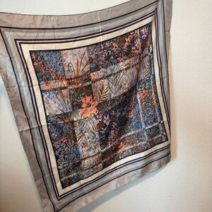 Christian Dior Vintage Gray Floral Border Print Square Silk Scarf Women's